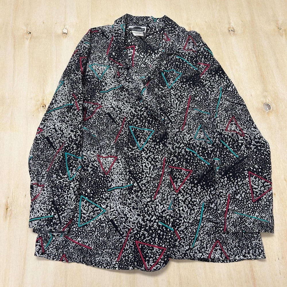 Vintage Geometric Long Sleeve Rayon Button Up Shirt Womens 13/14 Black